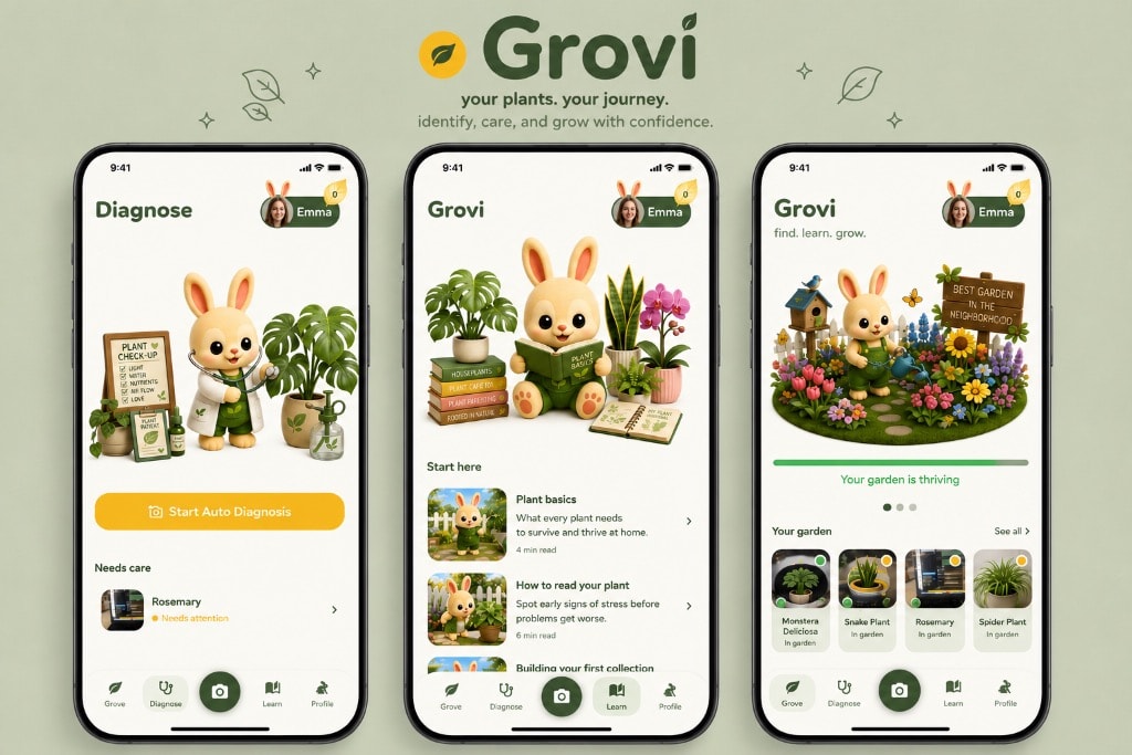 PlantGrovi app screens showing plant care, learning, and garden features